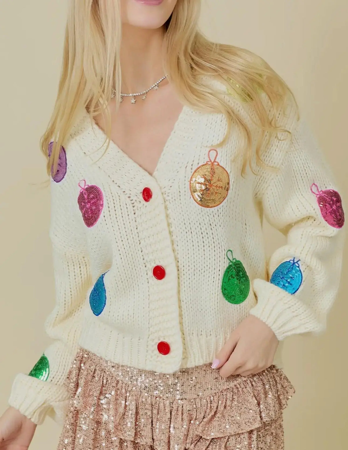 Sequin Ornament Patch V-Neck Button Front Chunky Knit Christmas Cardigan 2