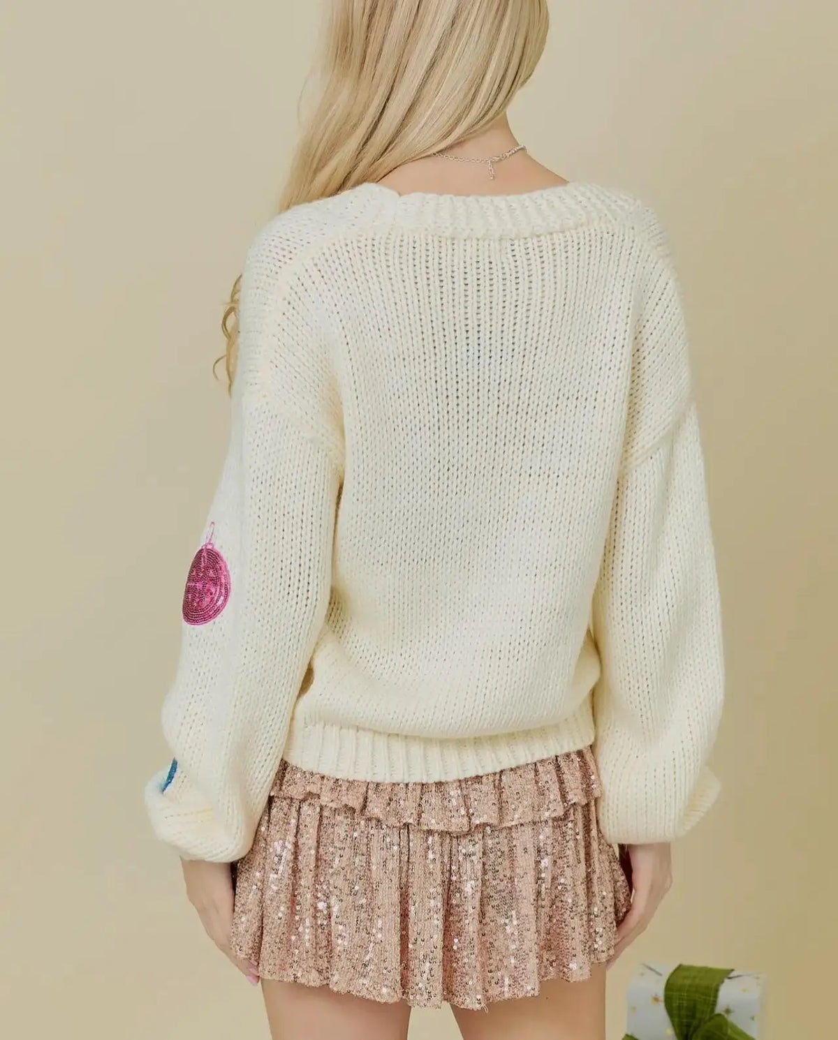 Sequin Ornament Patch V-Neck Button Front Chunky Knit Christmas Cardigan 6