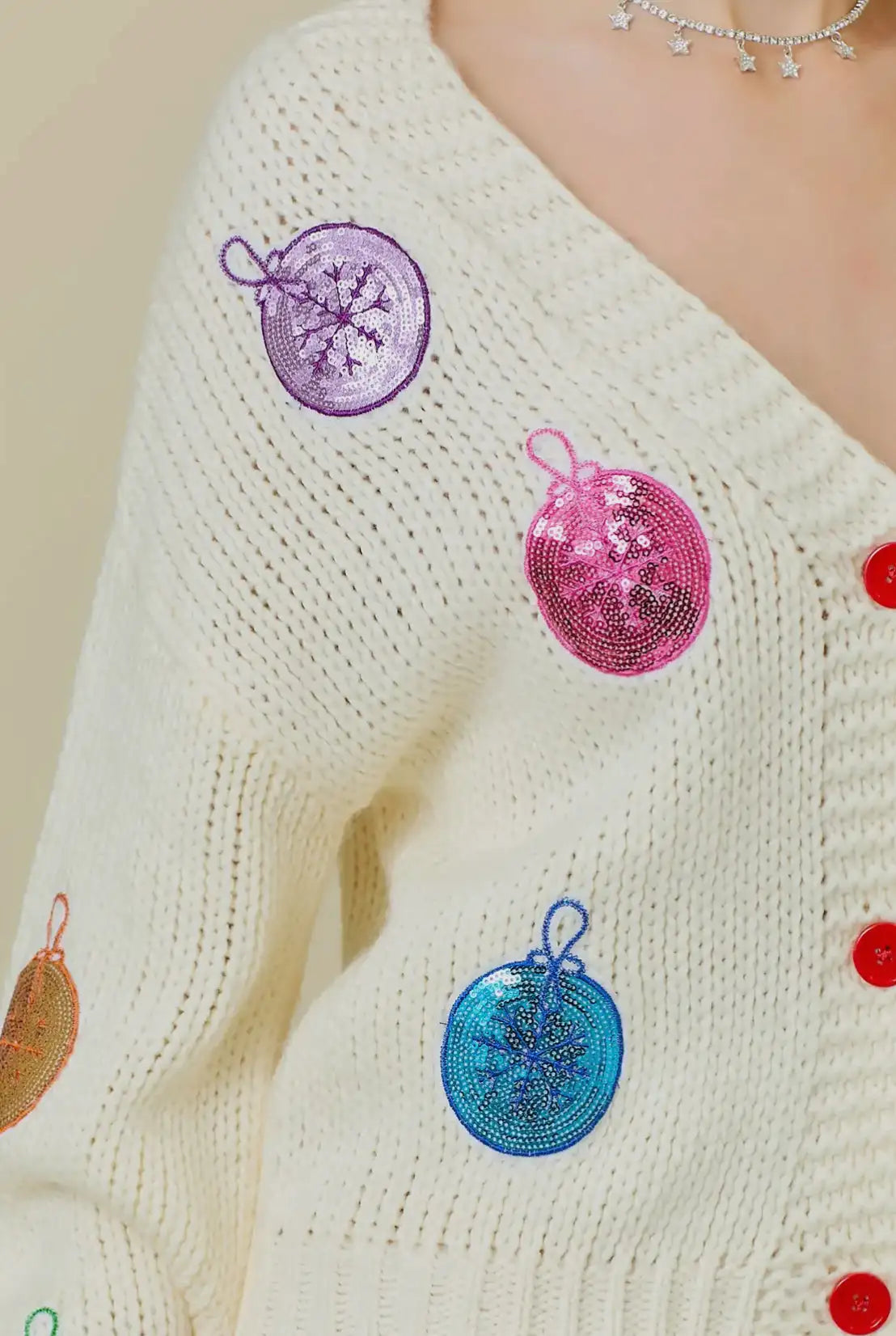 Sequin Ornament Patch V-Neck Button Front Chunky Knit Christmas Cardigan 3