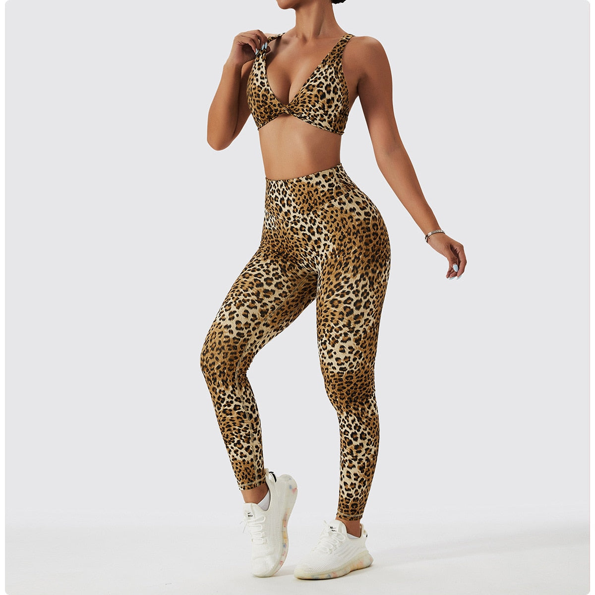 Leopard Print V-Neck Sports Bra and High Waist Leggings Two Piece Set