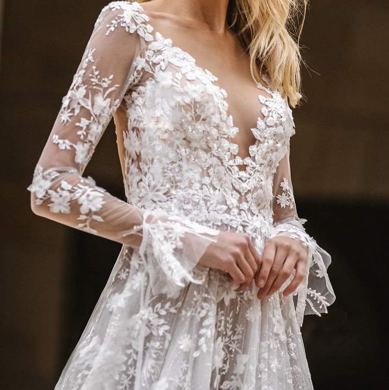 Lace Floral Deep V-Neck Long Sleeve Trumpet Cuff Mesh Prom Gown