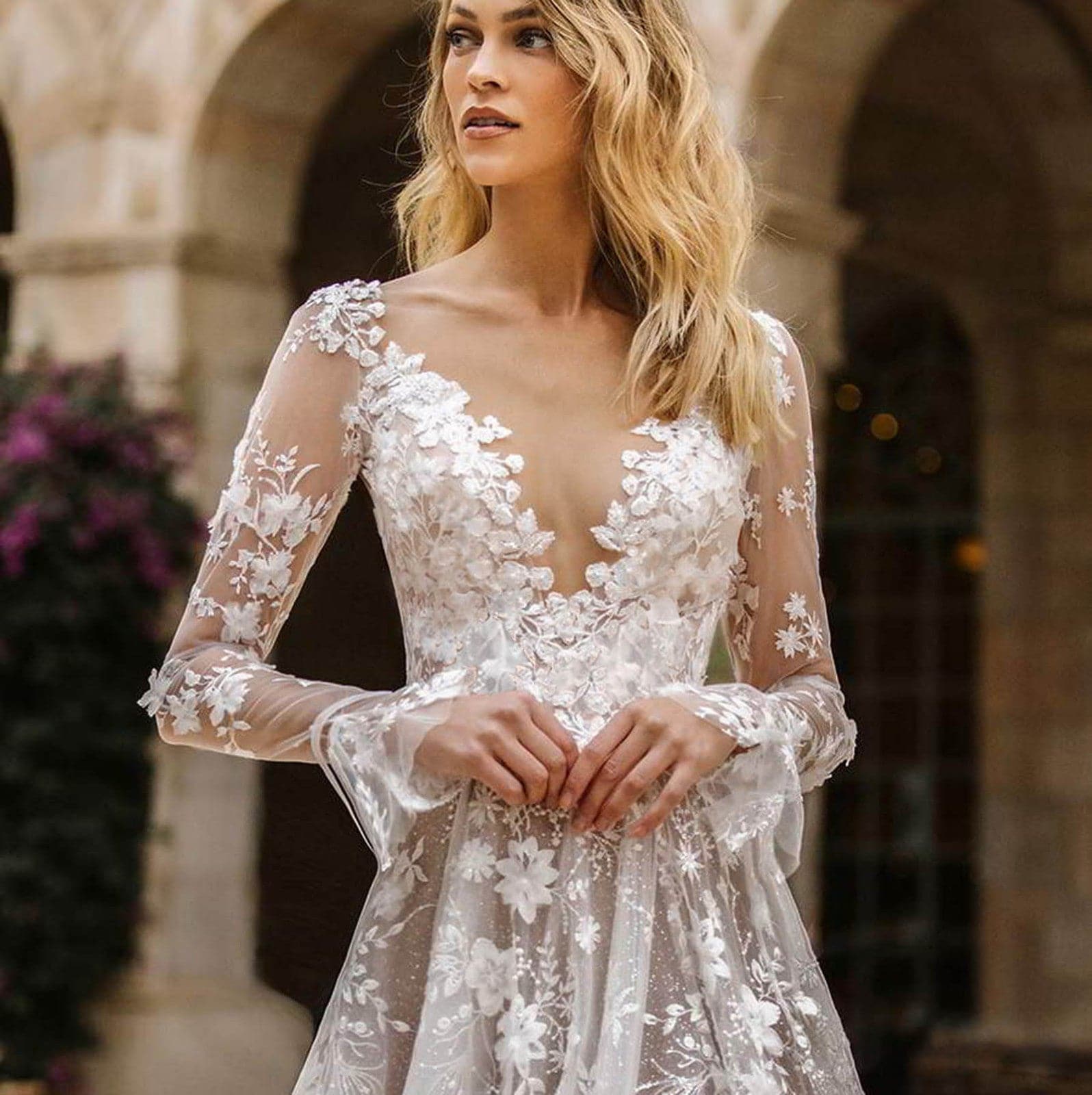 Lace Floral Deep V-Neck Long Sleeve Trumpet Cuff Mesh Prom Gown