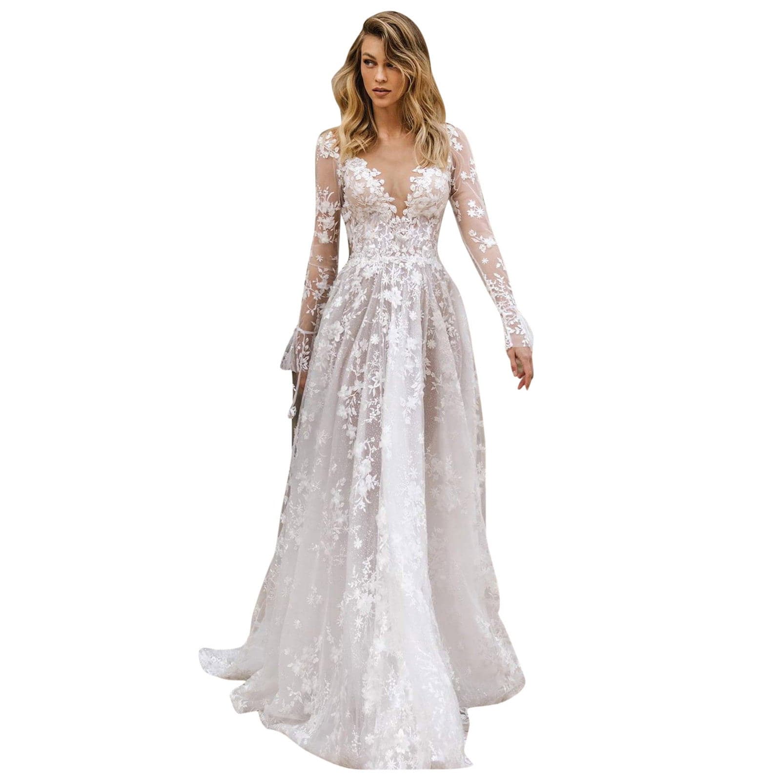 Lace Floral Deep V-Neck Long Sleeve Trumpet Cuff Mesh Prom Gown - View 6