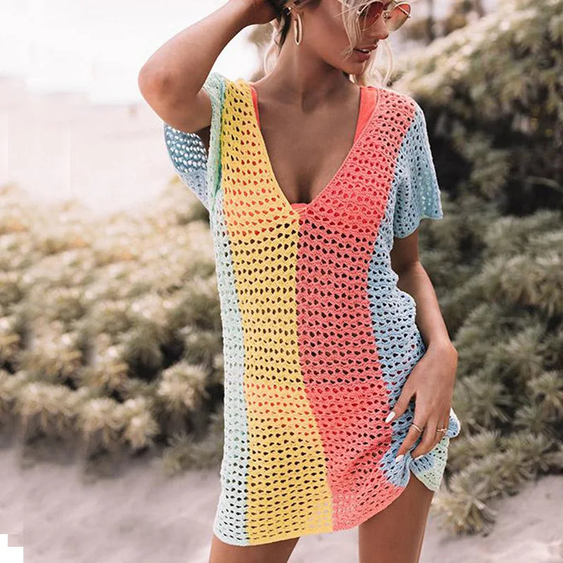 Crochet Open Knit V-Neck Short Sleeve Summer Mini Dress