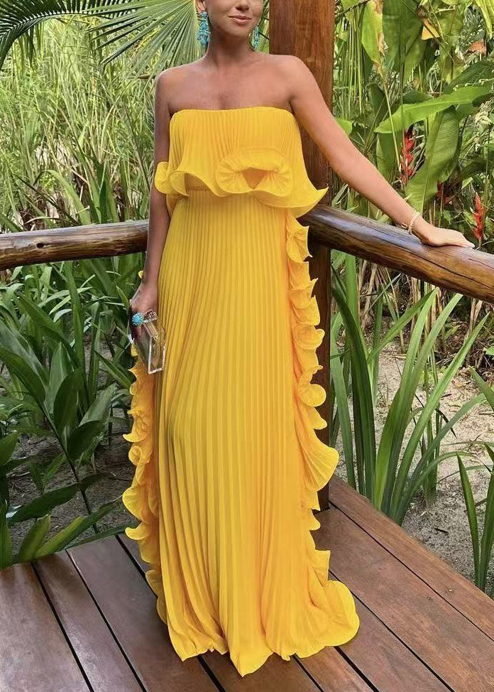 Chiffon Strapless Pleated Ruffle Side Panel Flowy Maxi Dress