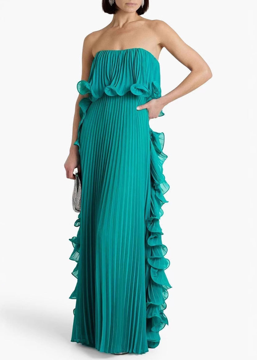 Chiffon Strapless Pleated Ruffle Side Panel Flowy Maxi Dress