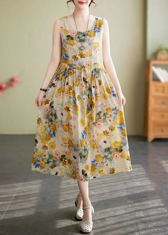 Floral Print Round Neck Drawstring Tie Waist Sleeveless A-Line Midi Dress