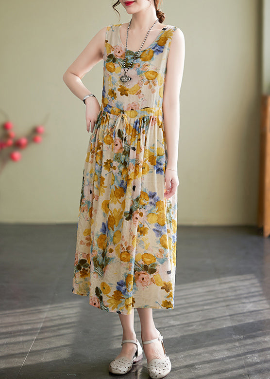 Floral Print Round Neck Drawstring Tie Waist Sleeveless A-Line Midi Dress