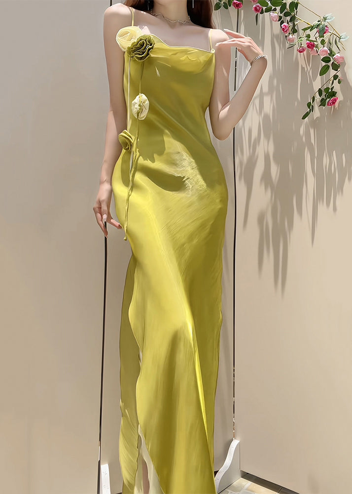 One Shoulder Rosette Trim High Split Ruffle Hem Satin Maxi Gown