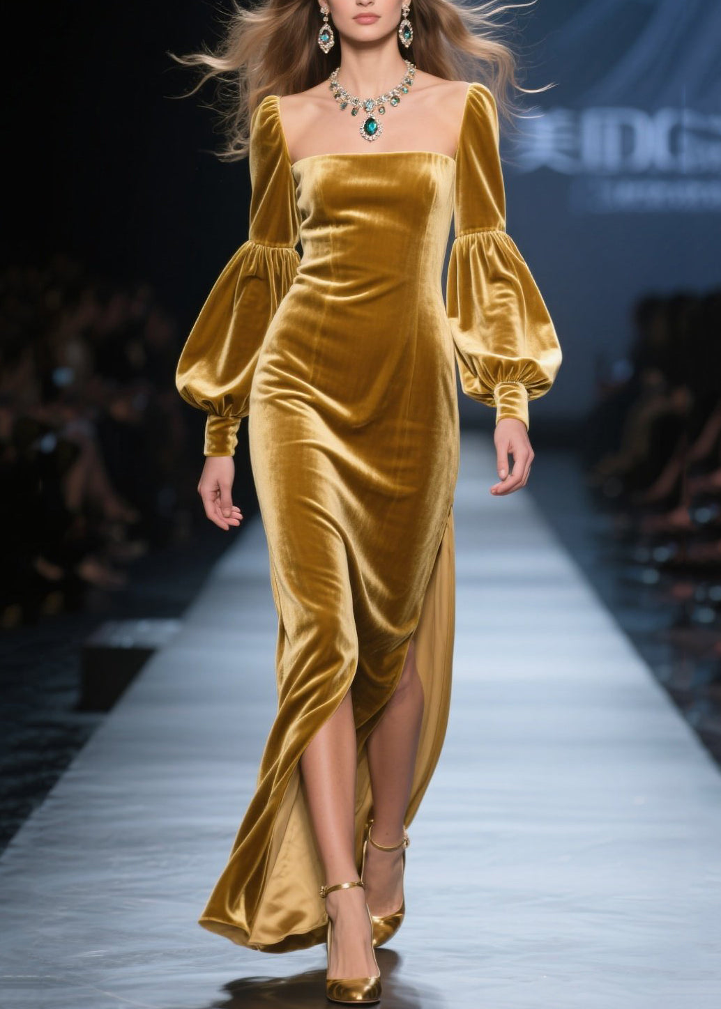 Square Neck Lantern Sleeve Velvet High Split Maxi Dress