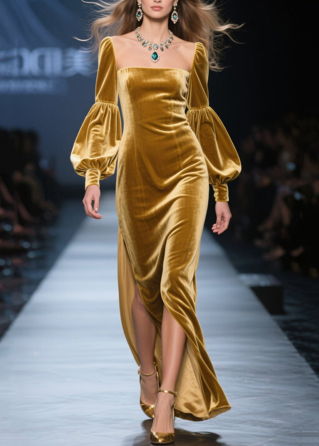 Square Neck Lantern Sleeve Velvet High Split Maxi Dress 3