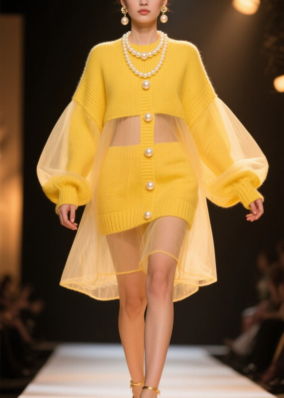 Tulle Mesh Pearl Button Puff Sleeve Ribbed Knit Patchwork Mini Dress