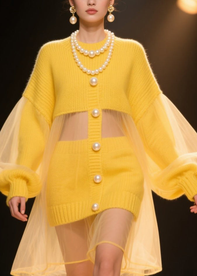 Tulle Mesh Pearl Button Puff Sleeve Ribbed Knit Patchwork Mini Dress