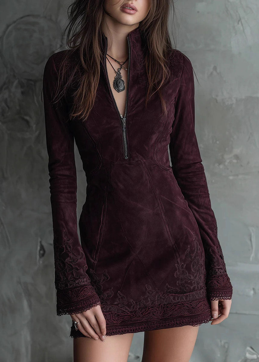 Faux Suede Zip Front Mock Neck Bell Sleeve Lace Trim Embroidered Mini Dress