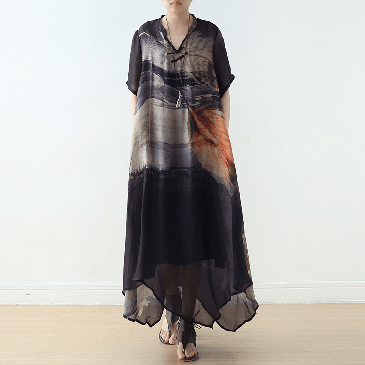 Abstract Print V-Neck Mandarin Collar Tie Neck Handkerchief Hem Maxi Dress