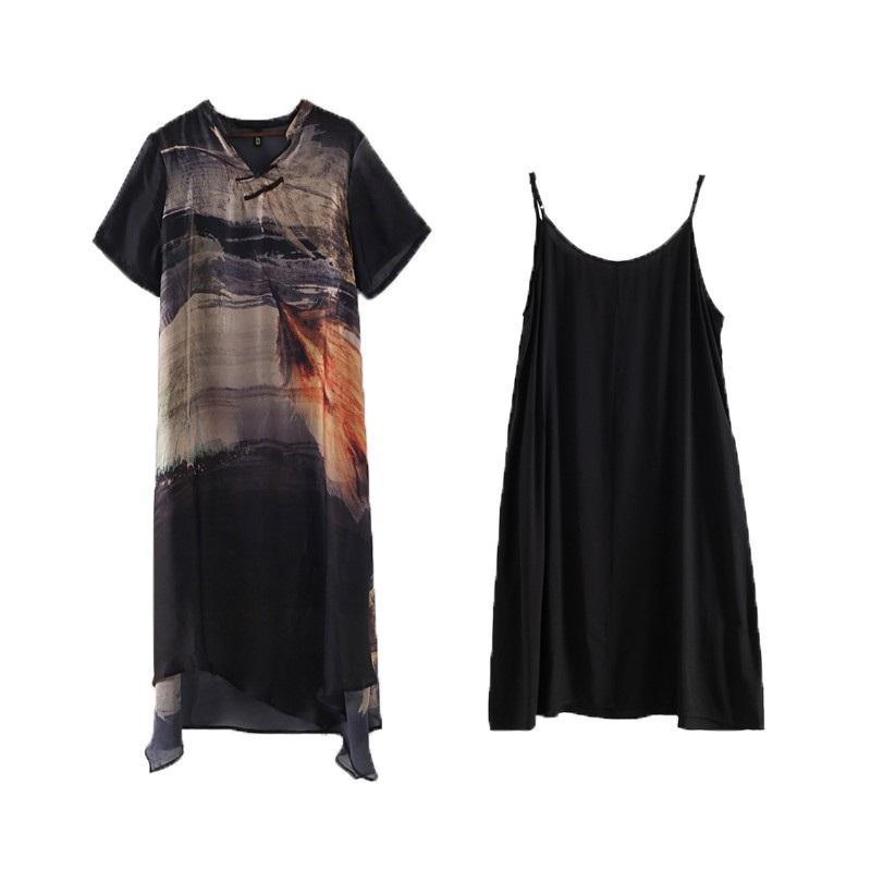 New Women's Retro Disc Button Loose Large Size Irregular Silk Printed Dress