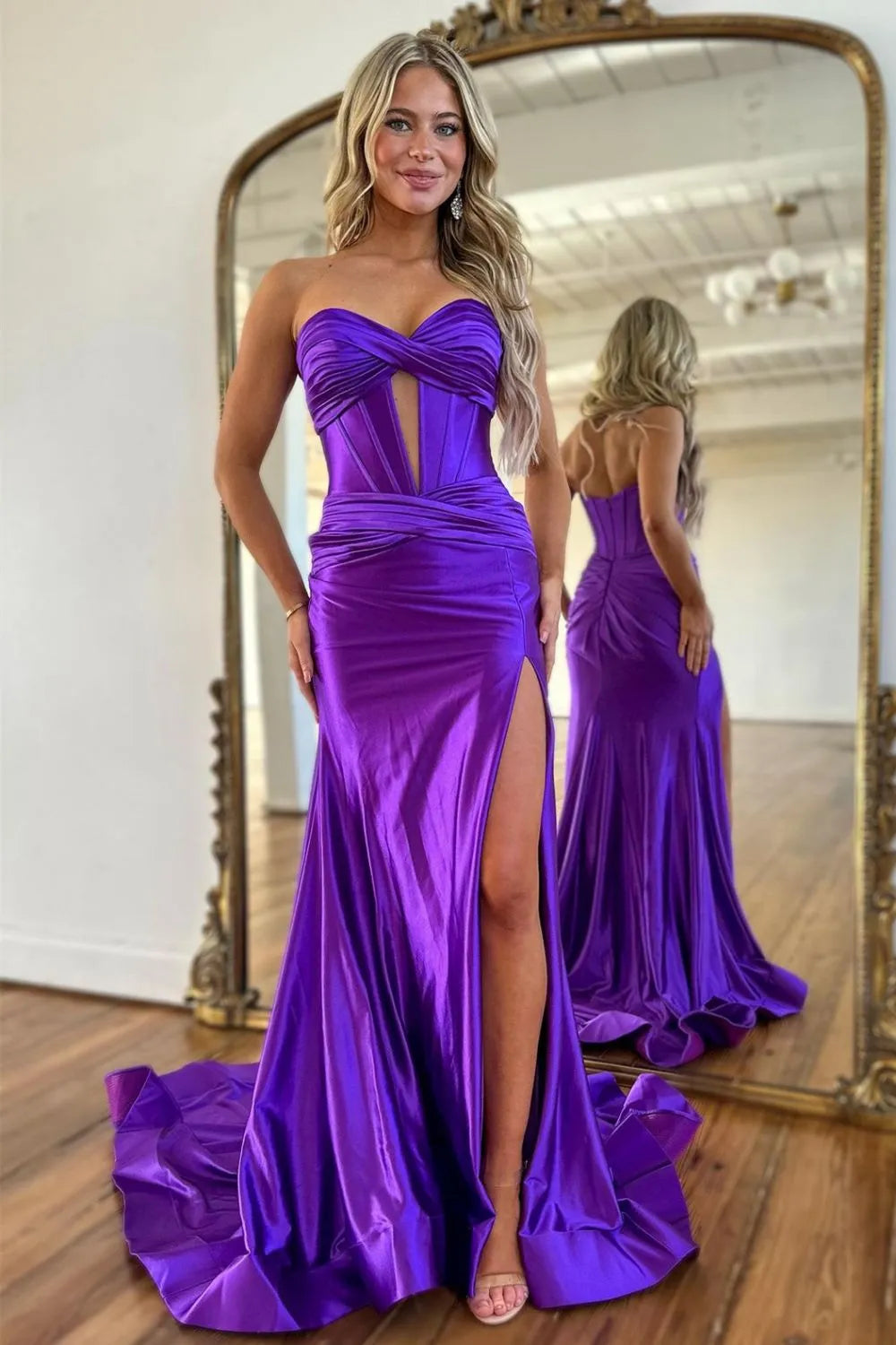 Satin Mermaid Strapless Long Prom Dress With Split