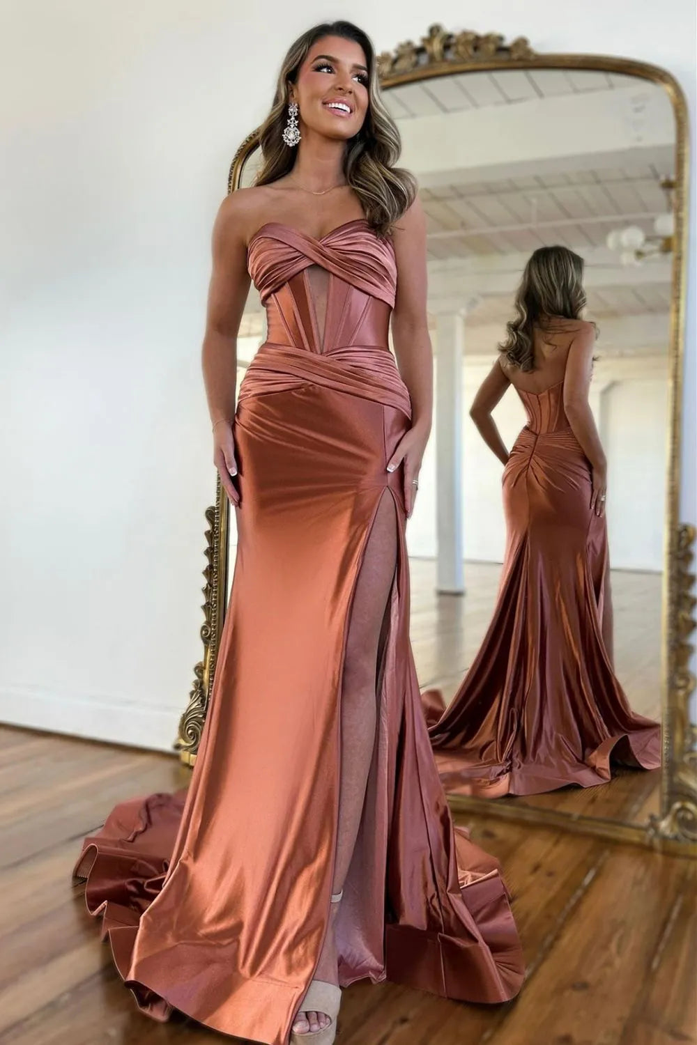 Satin Mermaid Strapless Long Prom Dress With Split