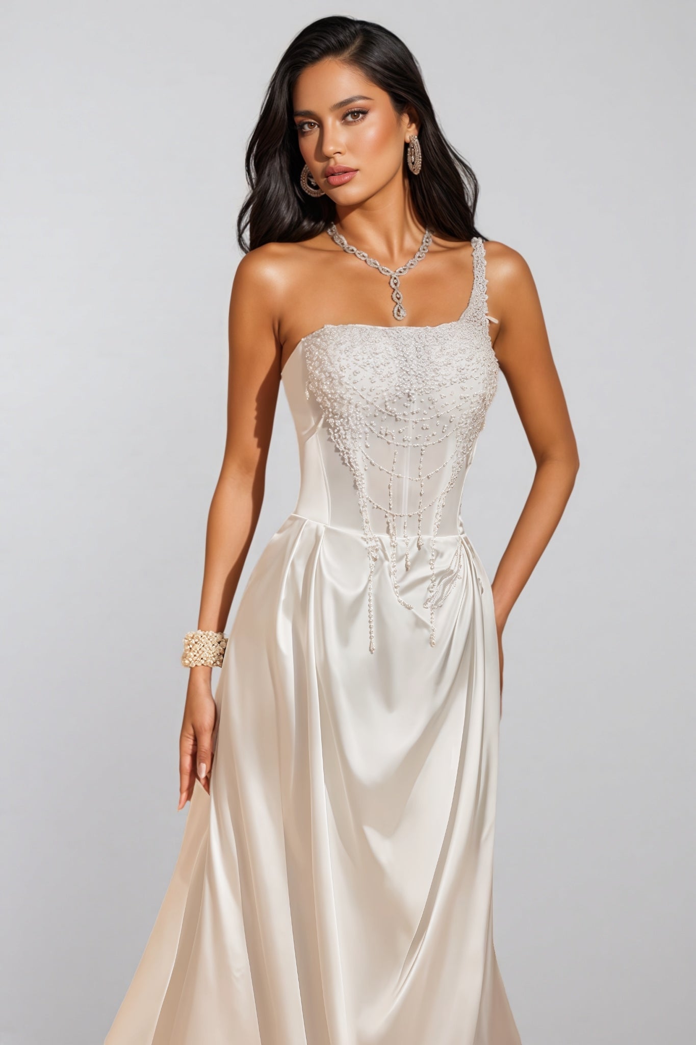 Camo One Shoulder Pearl Satin Maxi Dress - View 2