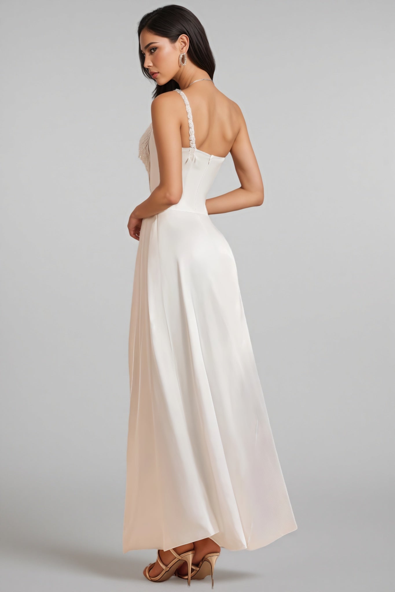 Camo One Shoulder Pearl Satin Maxi Dress - View 3