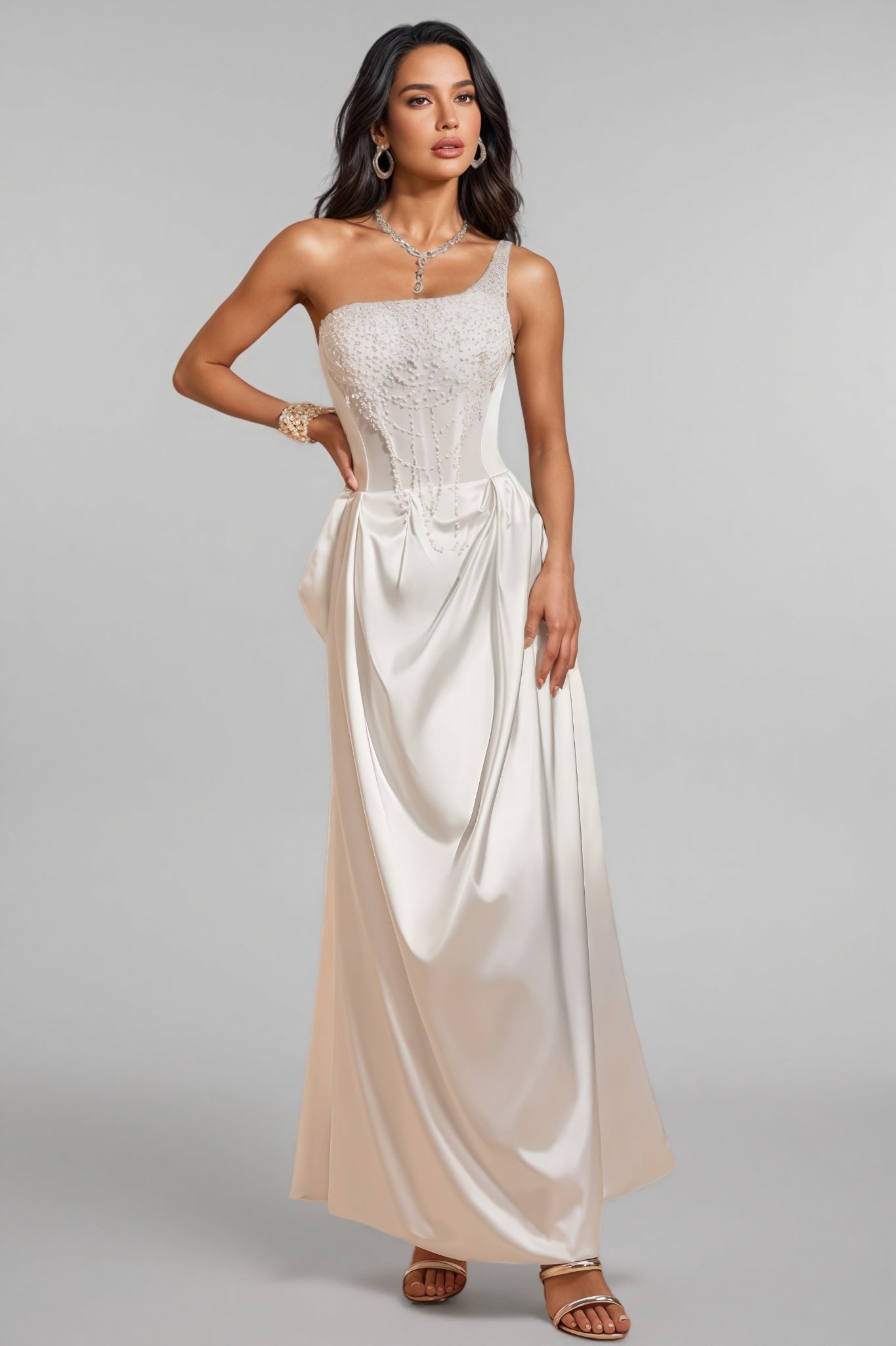 Camo One Shoulder Pearl Satin Maxi Dress - View 6
