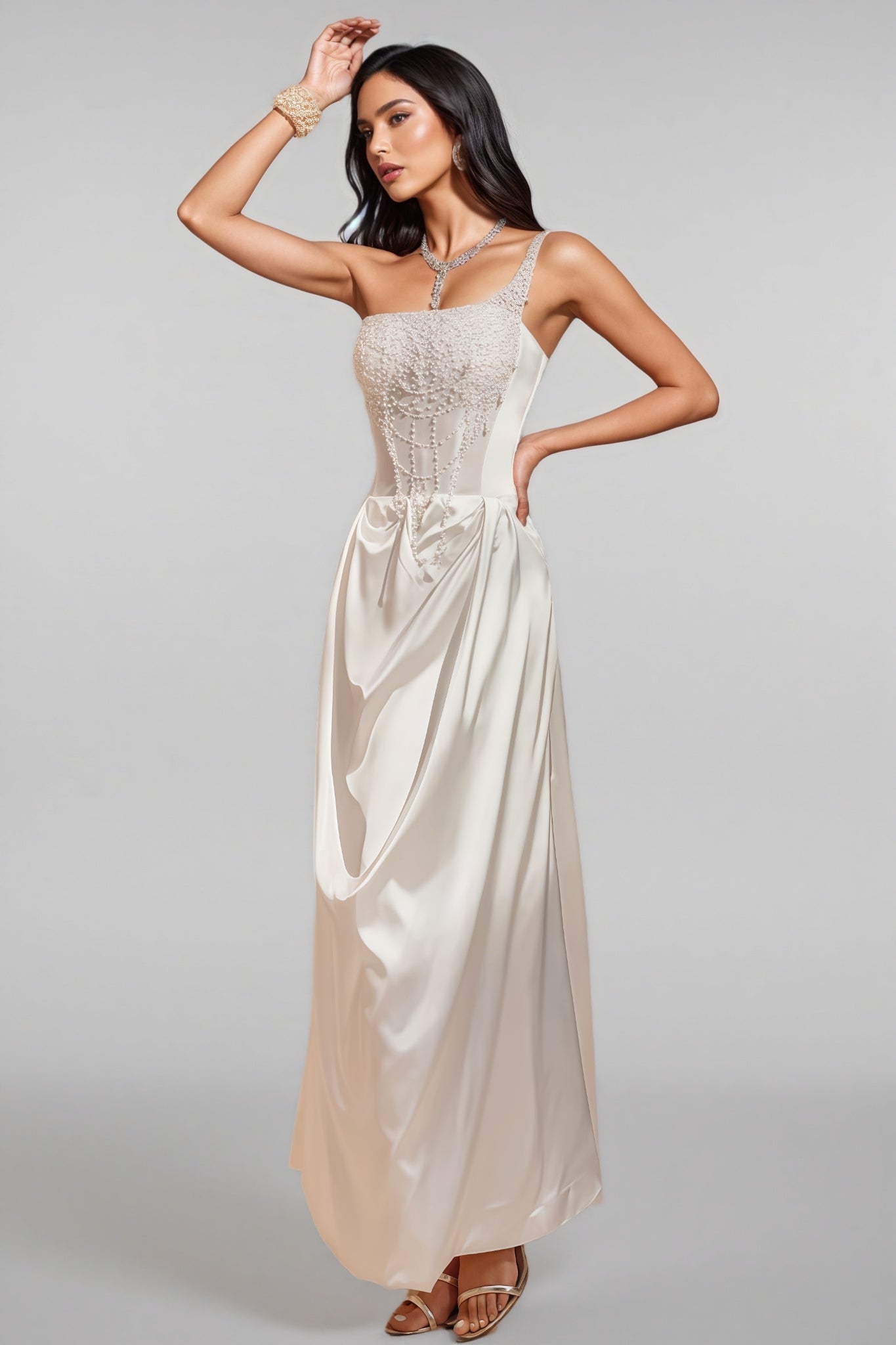Camo One Shoulder Pearl Satin Maxi Dress - View 4