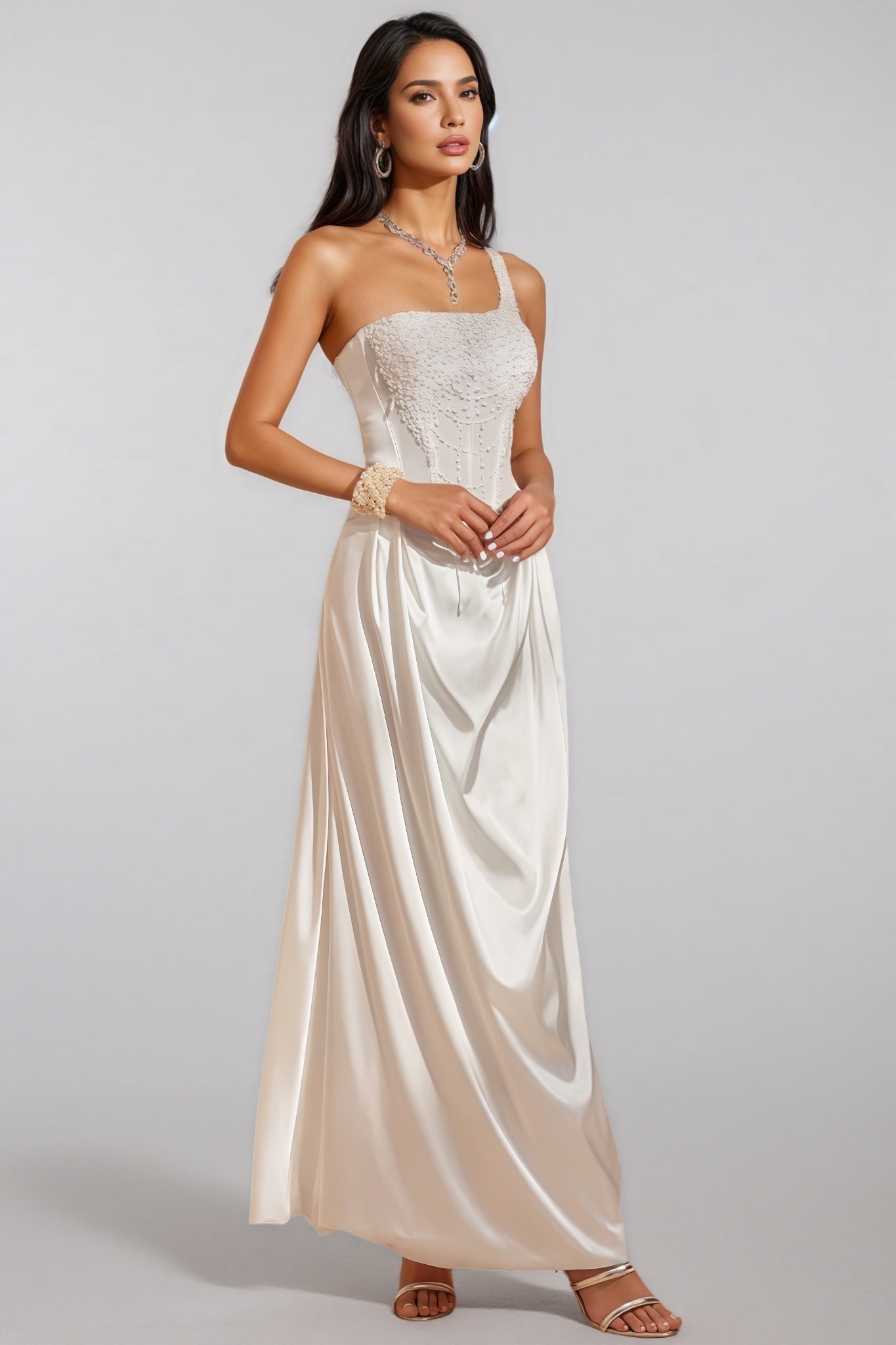 Camo One Shoulder Pearl Satin Maxi Dress - View 5