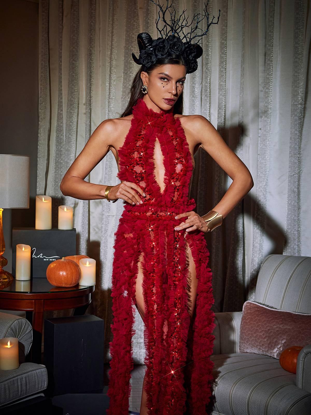 Sequin Tulle Halter Neck Keyhole Cut Out High Split Ruffle Maxi Gown