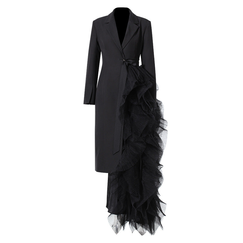 Lapel Collar Long Sleeve Pleated Tulle Ruffle Blazer Midi Dress 3