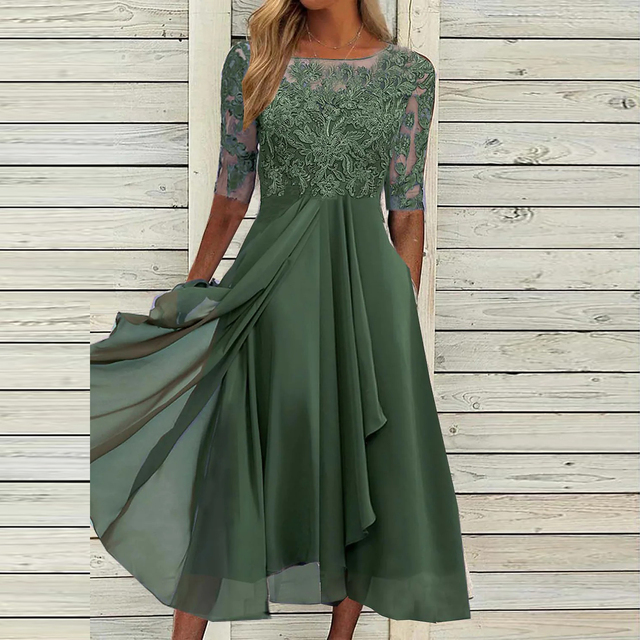Chiffon Lace Embroidered Half Sleeve Illusion Neck A-Line Midi Dress
