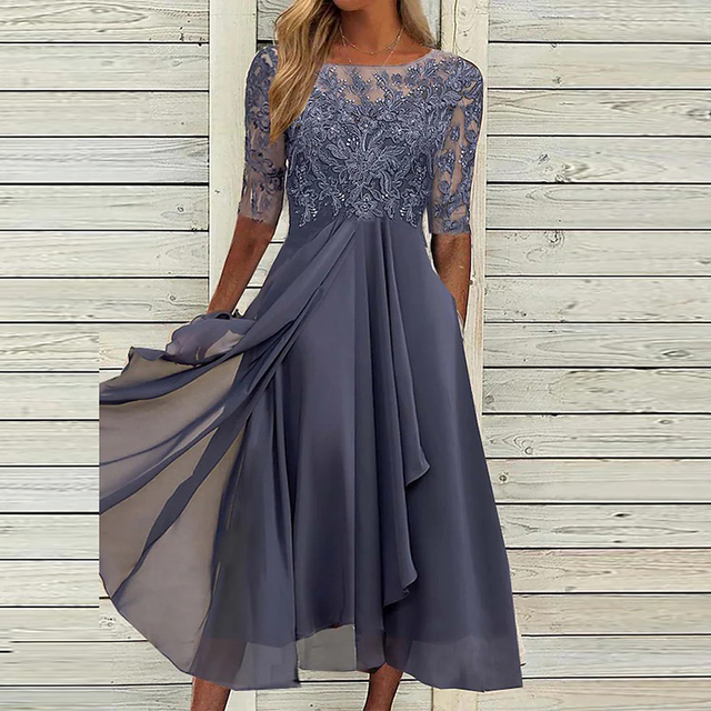 Chiffon Lace Embroidered Half Sleeve Illusion Neck A-Line Midi Dress
