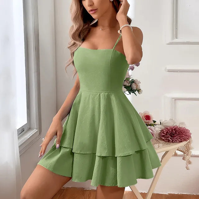 Square Neck Spaghetti Strap Tiered Ruffle A-Line Mini Party Dress