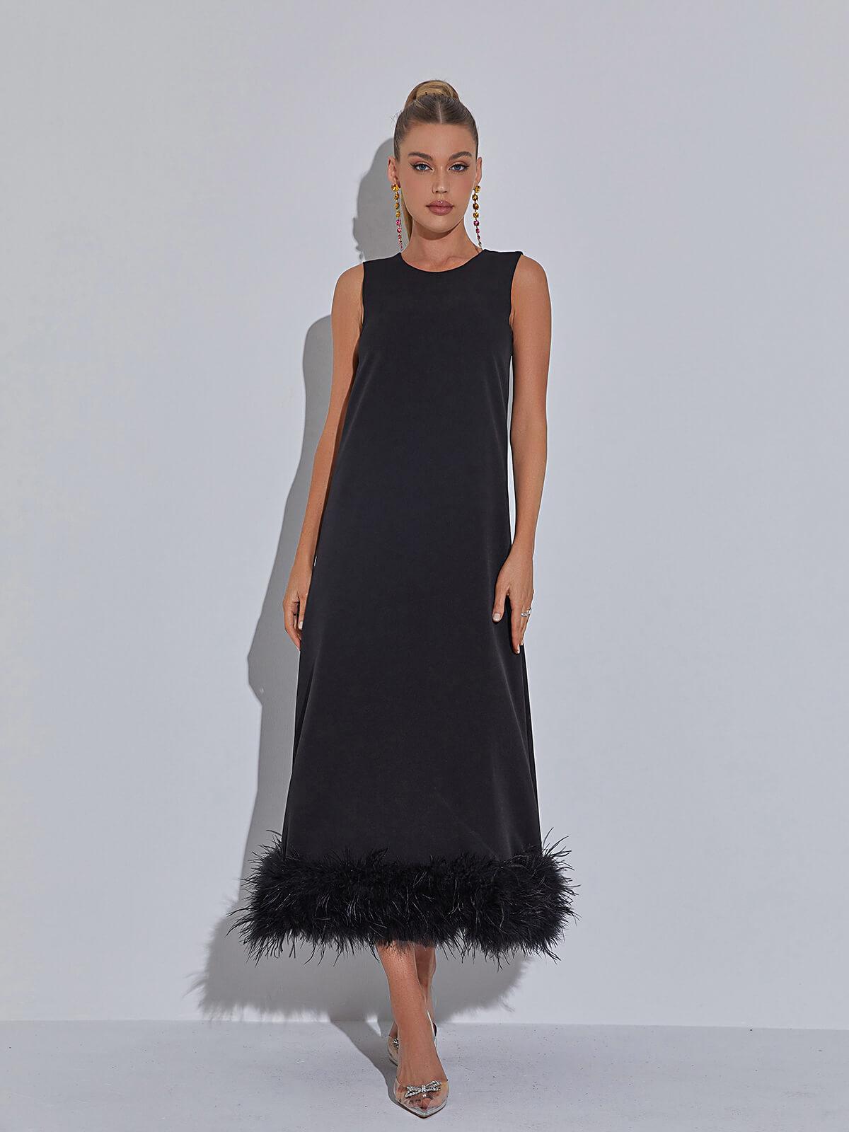 Feather Hem Round Neck Sleeveless A-Line Midi Dress