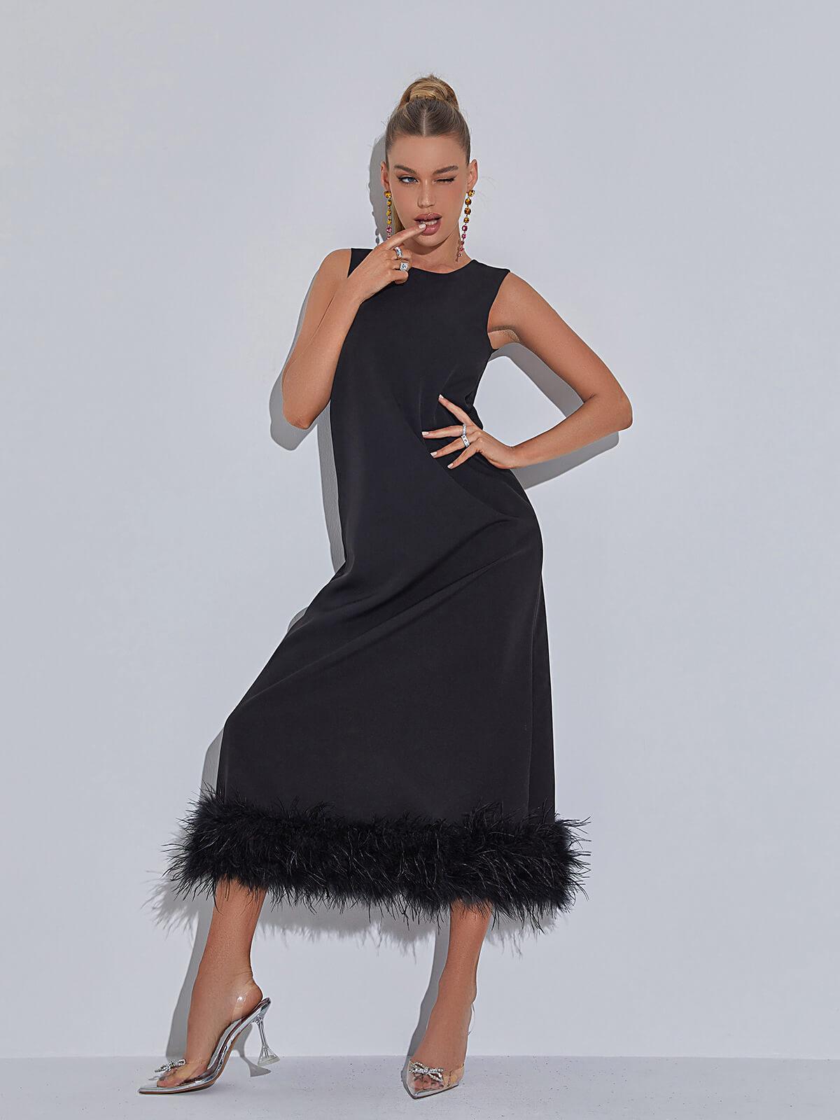 Feather Hem Round Neck Sleeveless A-Line Midi Dress