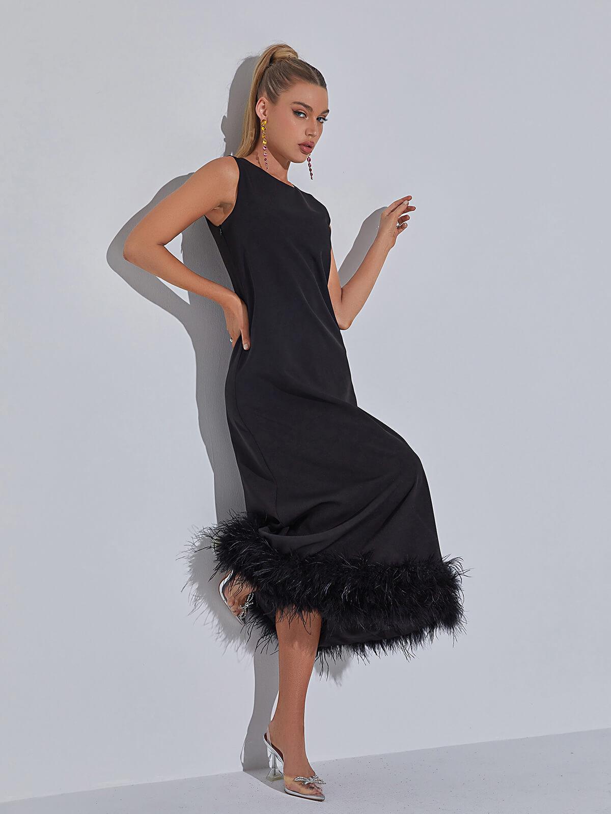 Feather Hem Round Neck Sleeveless A-Line Midi Dress