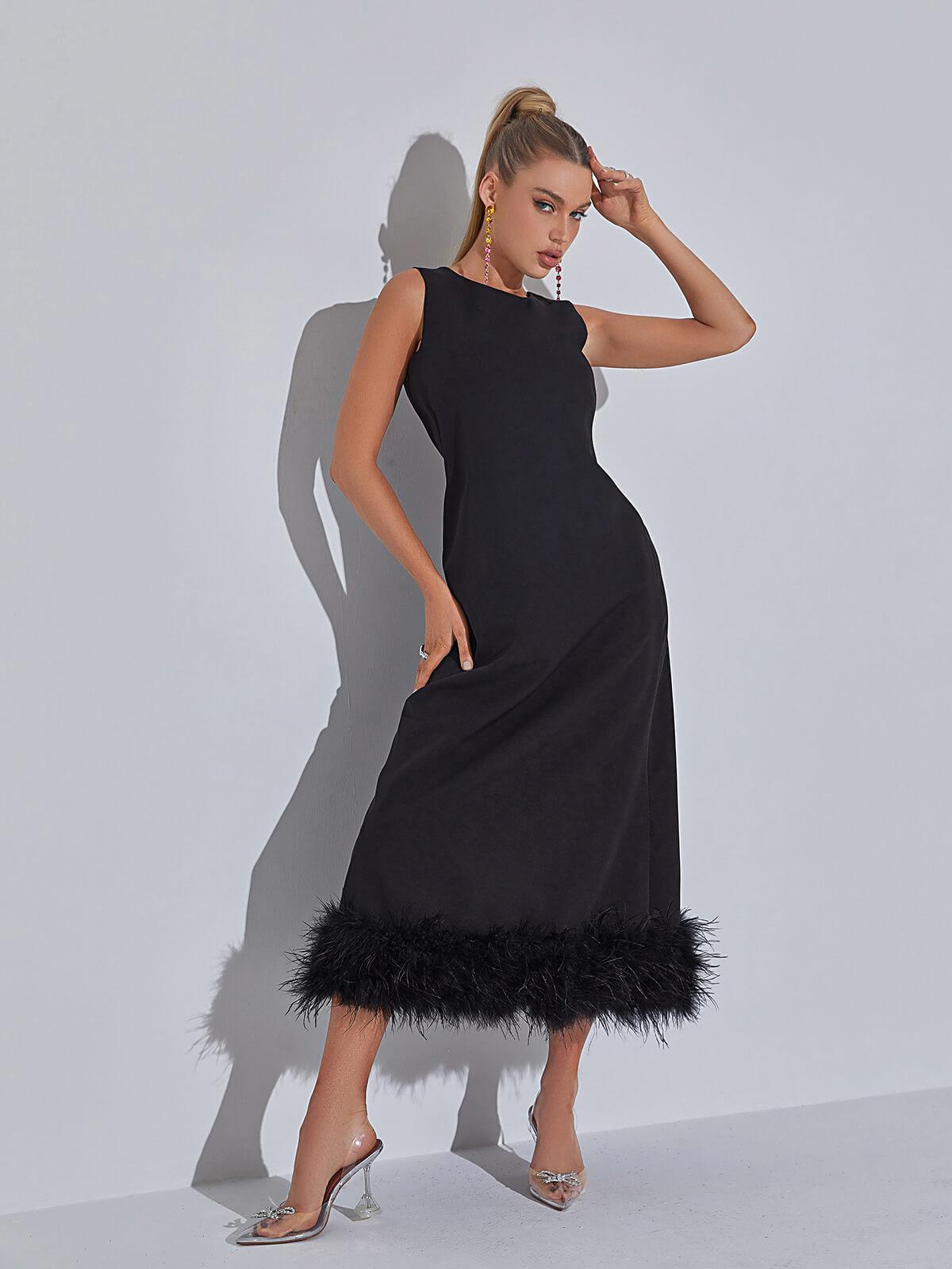 Feather Hem Round Neck Sleeveless A-Line Midi Dress