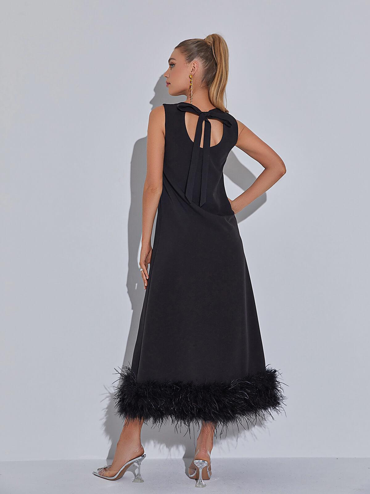 Feather Hem Round Neck Sleeveless A-Line Midi Dress