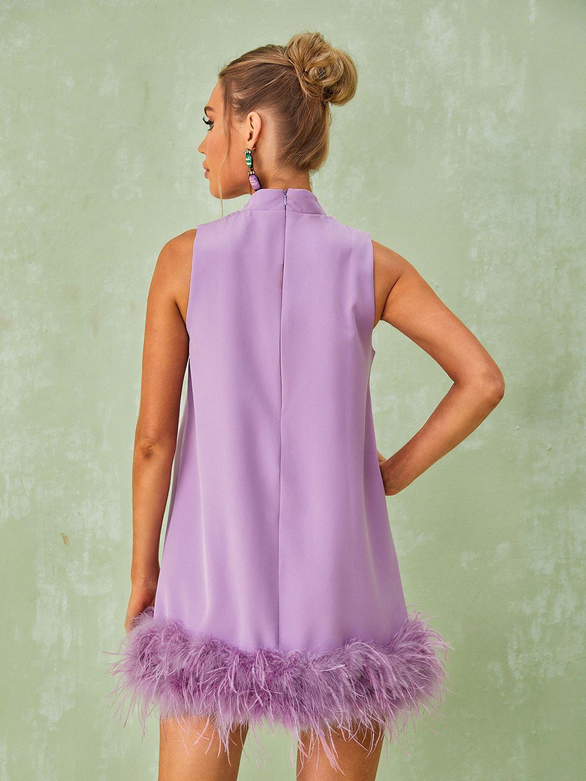 Nisha Feather Mini Dress In Lilac - View 5