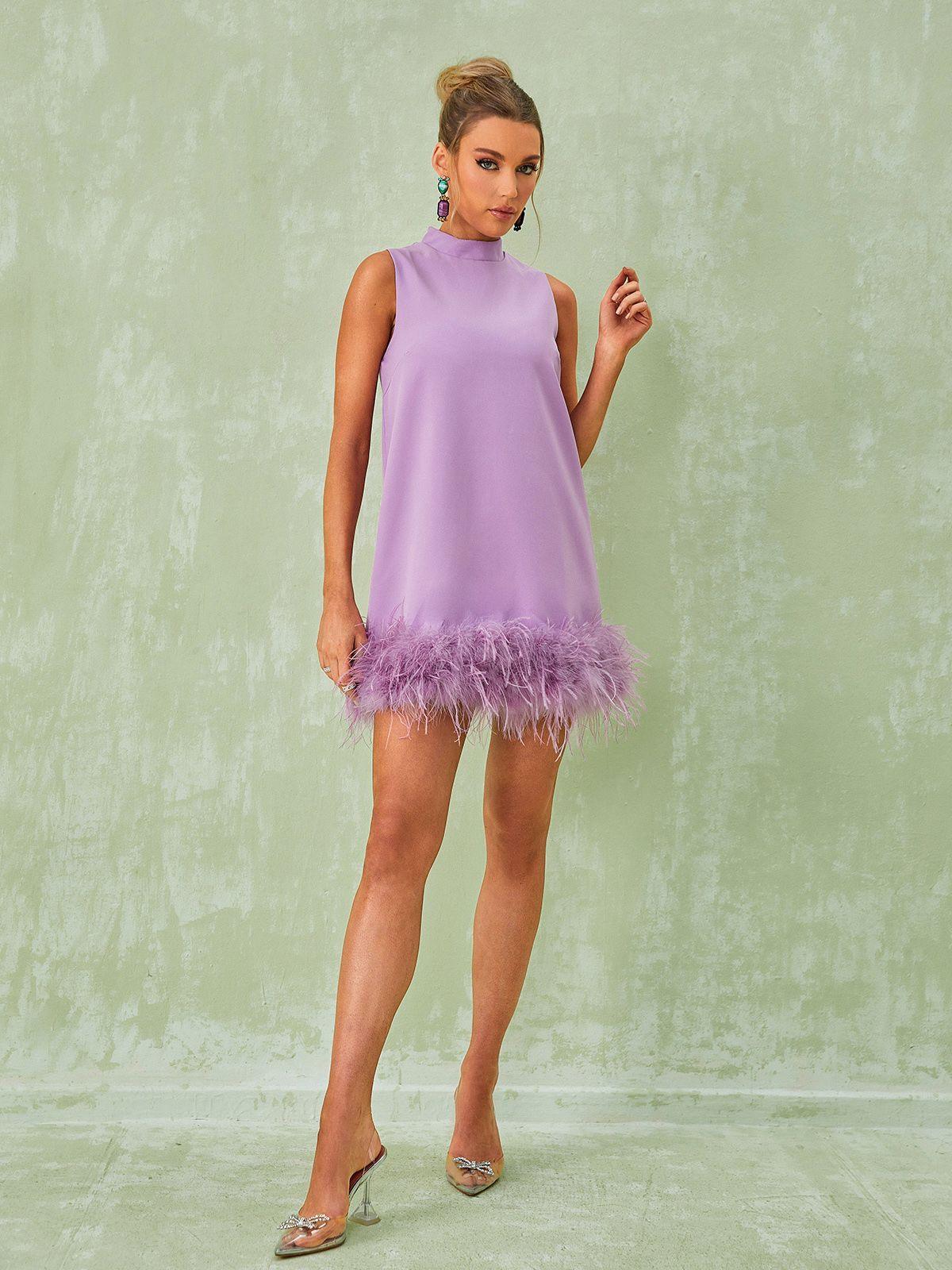 Nisha Feather Mini Dress In Lilac - View 4