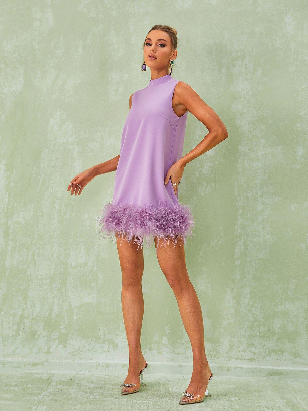 Nisha Feather Mini Dress In Lilac - View 2