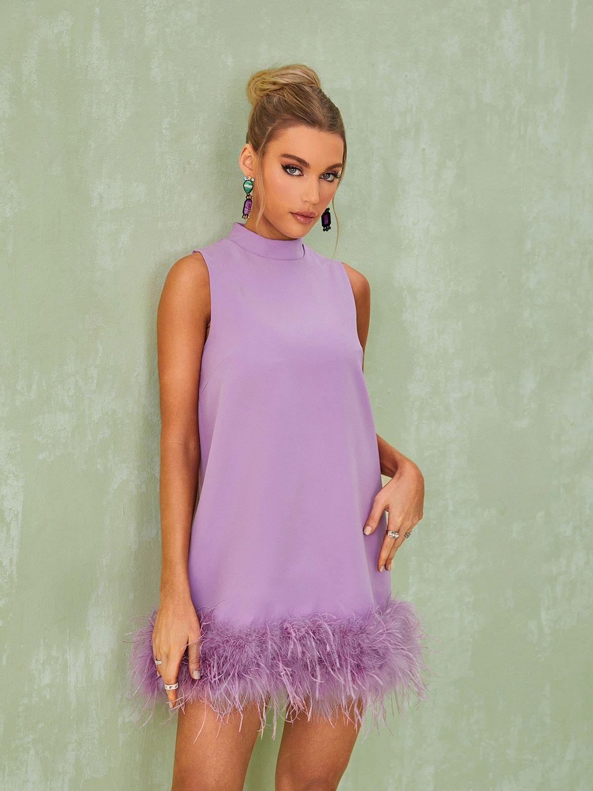 Mock Neck Sleeveless Feather Trim Hem Shift Mini Dress