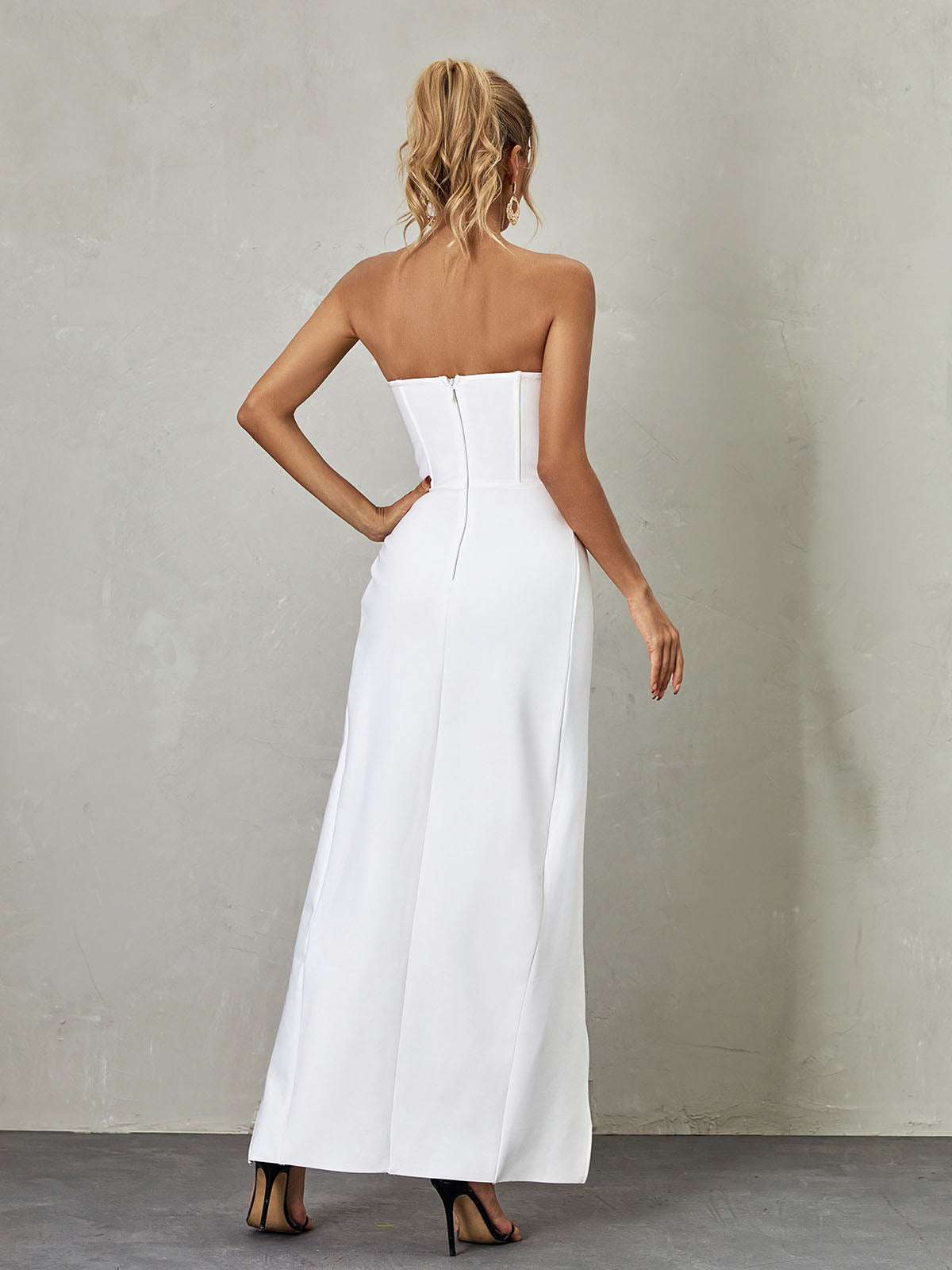 Strapless Sweetheart Floral Applique Corset Draped High Split Maxi Gown