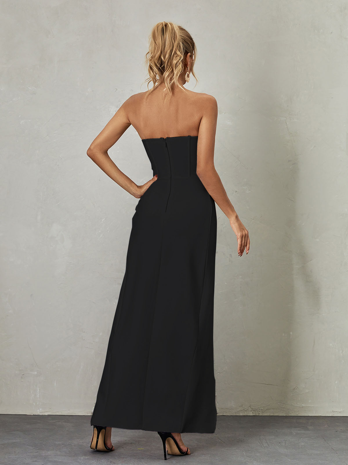 Strapless Sweetheart Rosette Cup Bodice Wrap High Split Maxi Gown