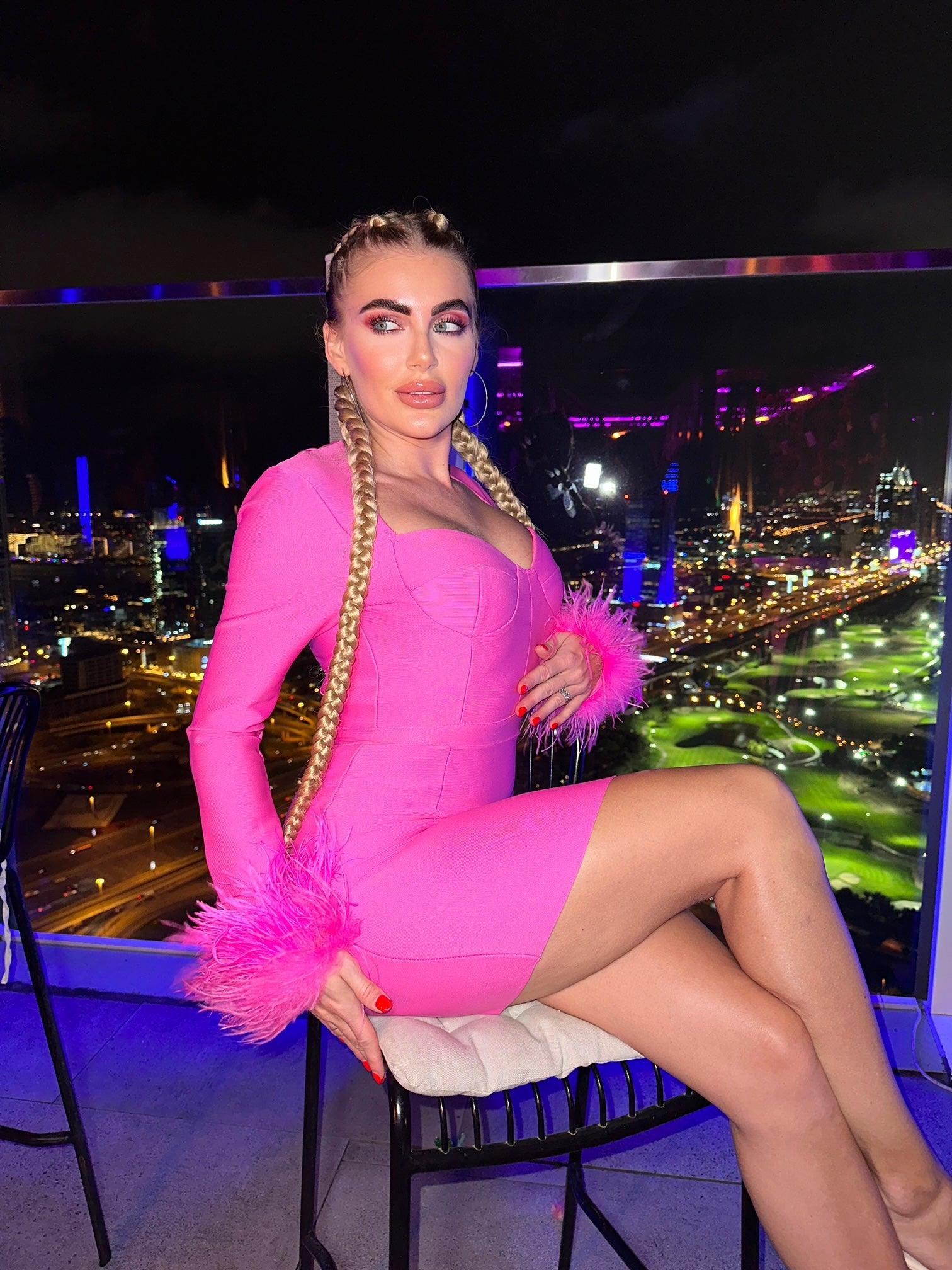 Nixie Long Sleeve Feather Bandage Dress In Hot Pink - View 5