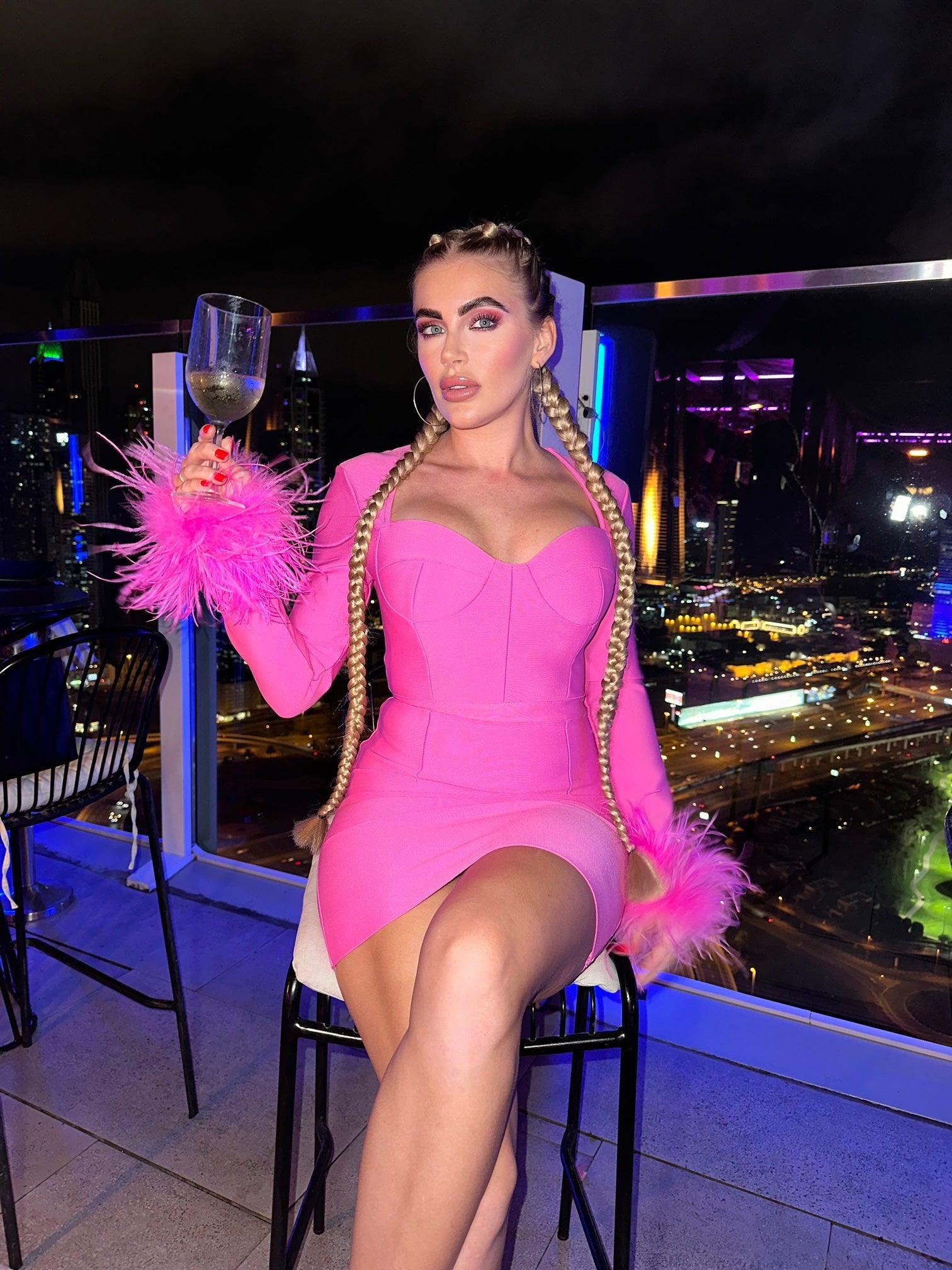 Nixie Long Sleeve Feather Bandage Dress In Hot Pink - View 2