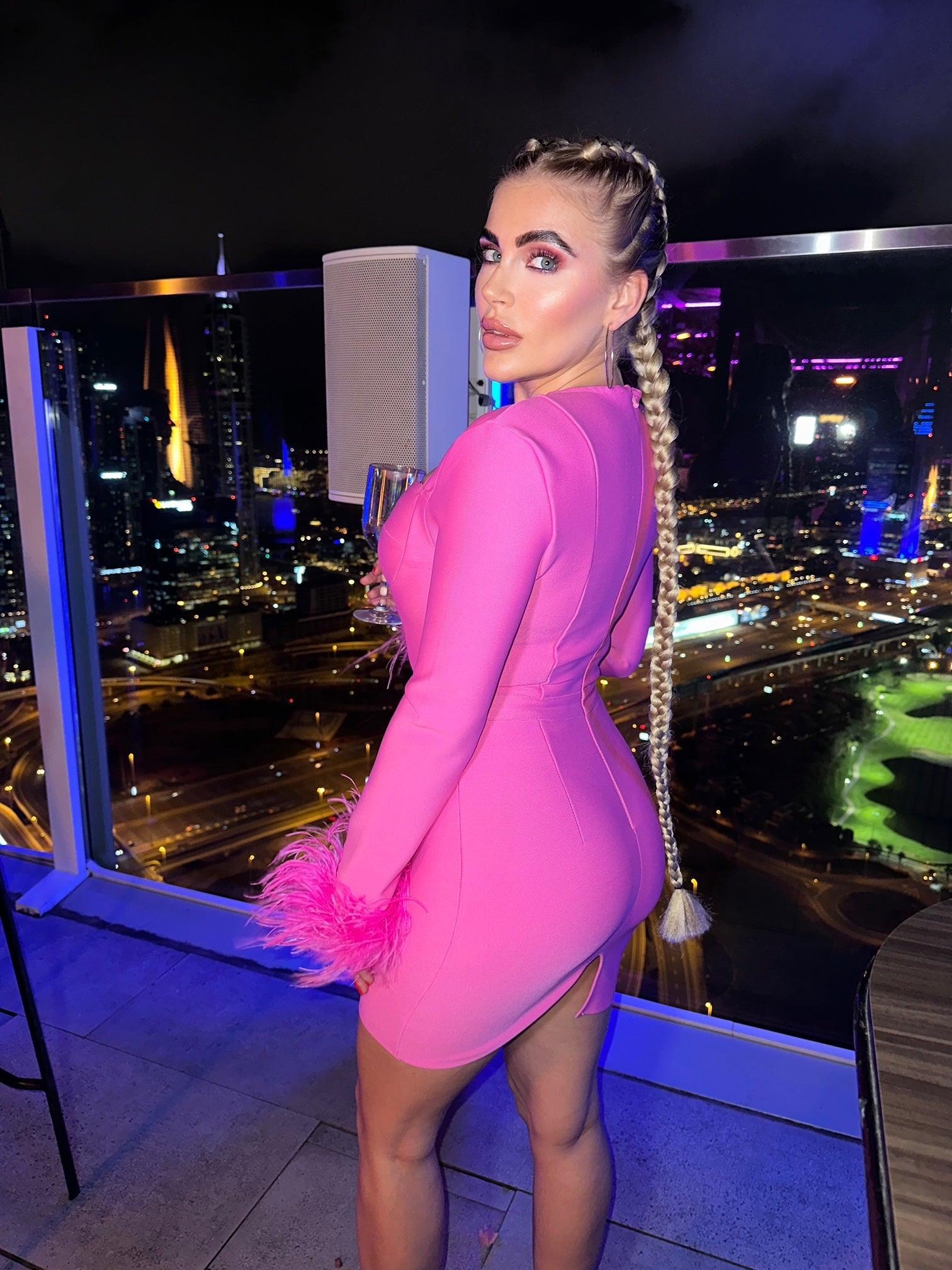 Nixie Long Sleeve Feather Bandage Dress In Hot Pink - View 6