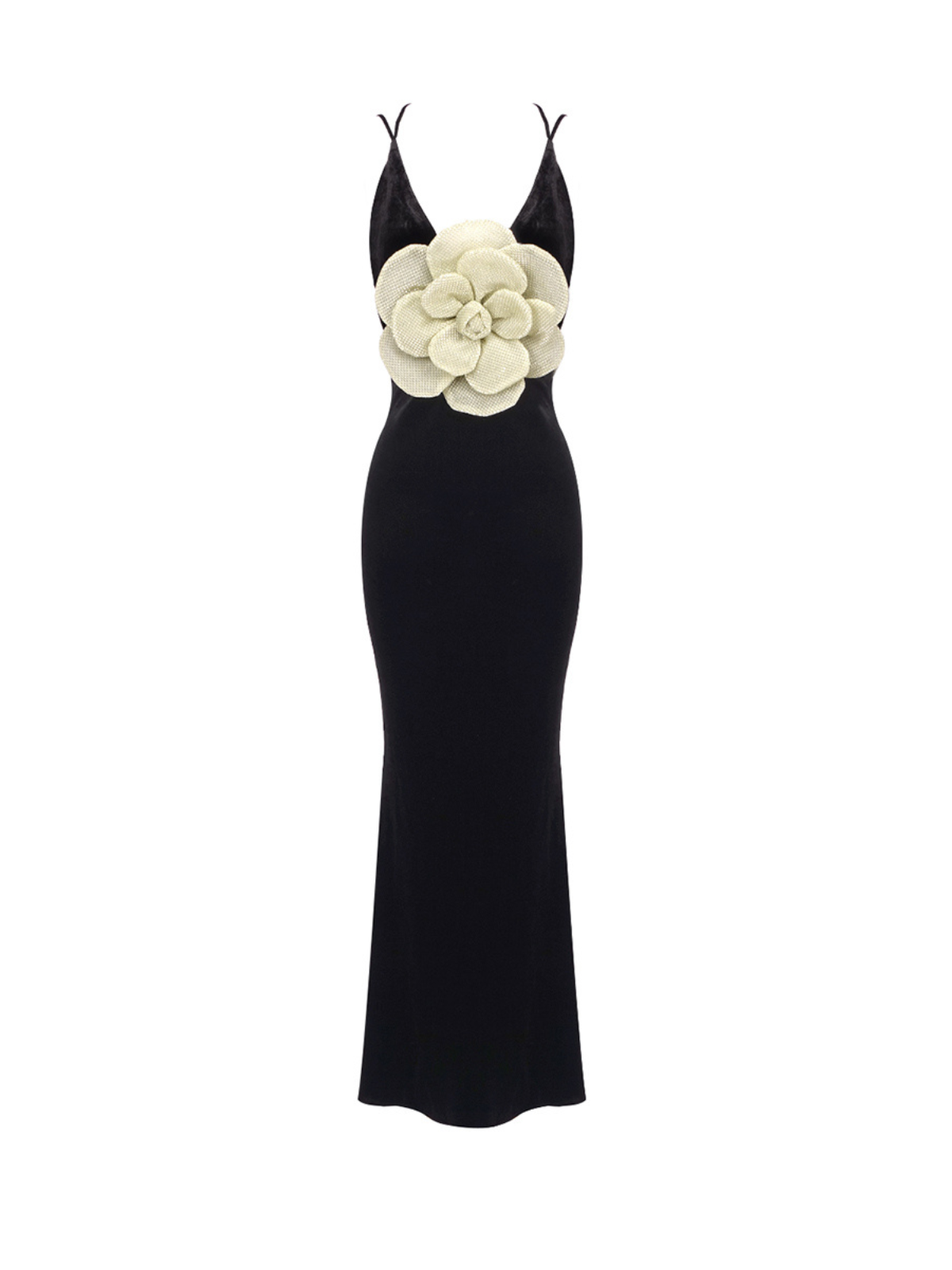 Plunge Neck Flower Velvet Maxi Dress - View 7