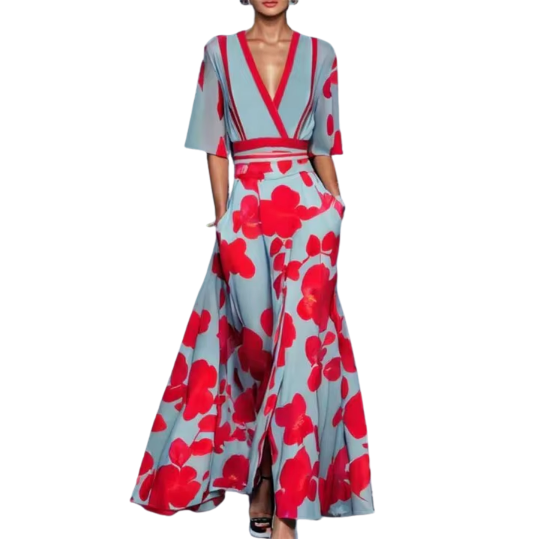Floral Print Deep V-Neck Short Sleeve Flared Maxi Dress