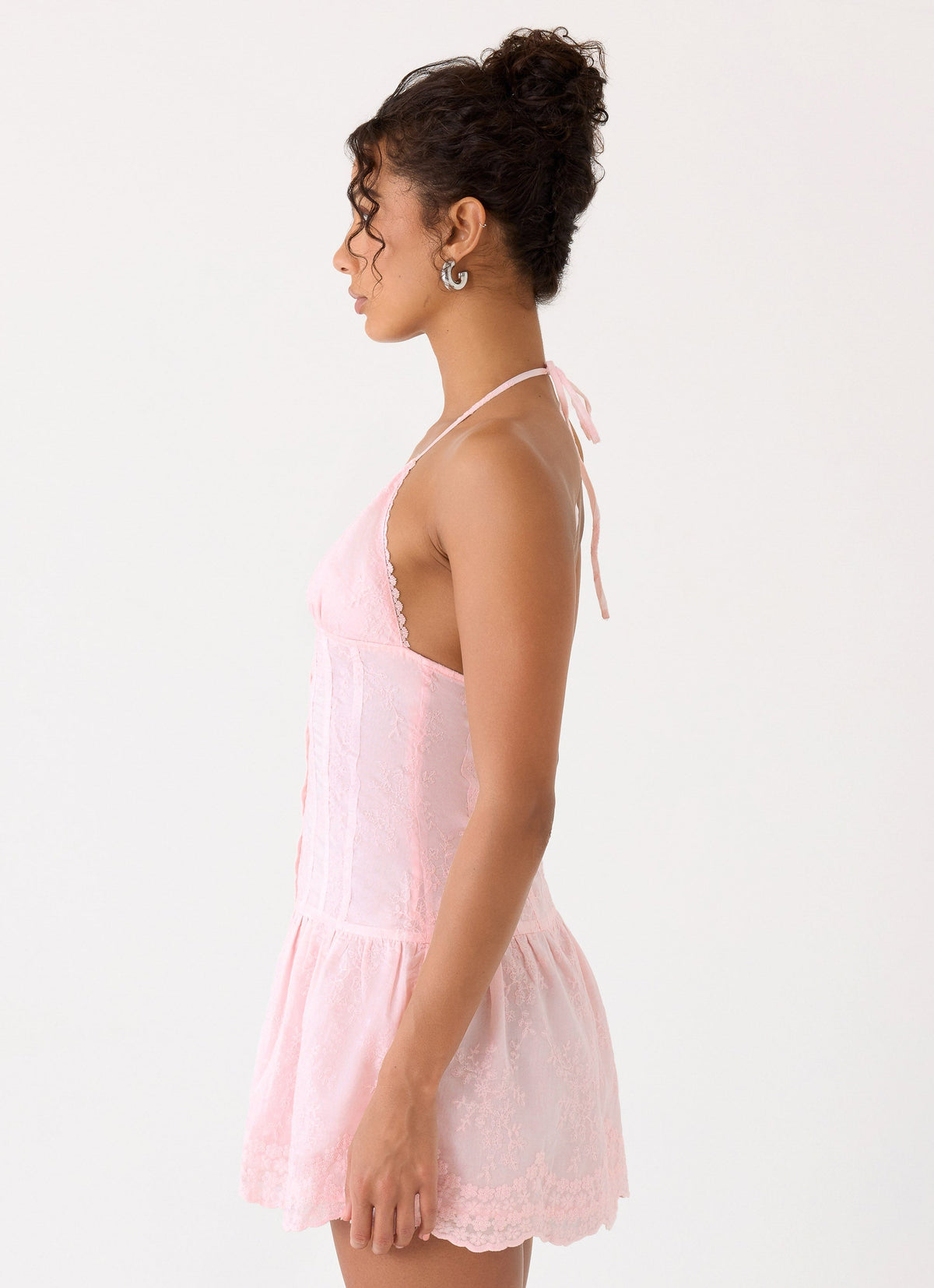 Embroidered Halter Neck Button Front Drop Waist Mini Dress 2