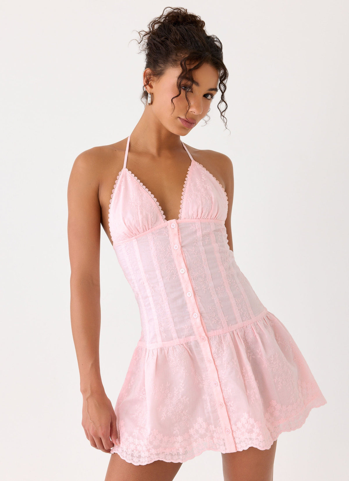 Embroidered Halter Neck Button Front Drop Waist Mini Dress
